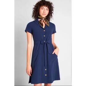Modlcoth Button Up Belted Shirt Dress Navy Blue Size Large